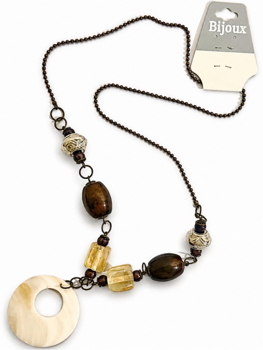 Women’s Bijoux Boho Style Statement Necklace Brown Beads Shell Pendant NWT